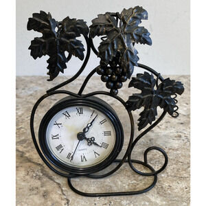 Retro Metal Scrollwork Clock Black Leaves & Grapes Battery-Free Freestanding
